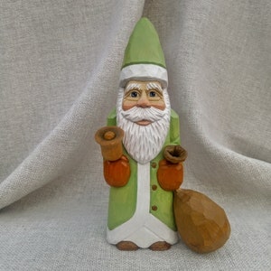 Wood Carving - Hand Carved Wood Santa Claus Figure In Light Green -  Christmas Carving - Whittling Santa With Sack - Santa With Xmas Bell