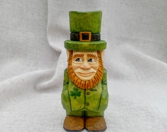Wood Carving - Hand Carved Leprechaun Figurine - St Patrick Day Carving - Whittling Leprechaun Sculpture - Wood Leprechaun Character Carving
