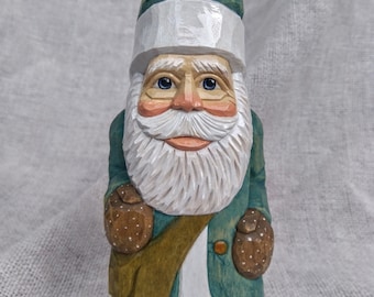 Wood Carving - Hand Carved Wooden Santa - Wood Santa Figure With Poinsettia Symbol On His Hat - Whittling Christmas Decoration - Wood Art