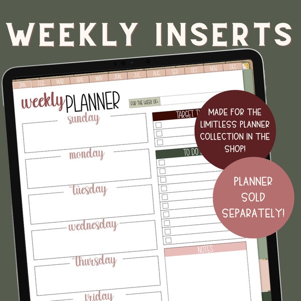 Digital Weekly Inserts, Weekly Planner, Week at a Glance, Monday Start, Sunday Start, Build Your Own, Undated Weekly Page, Goodnotes Insertt