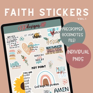 May include: A digital planner screen displaying a set of pre-cropped faith-themed stickers for Goodnotes. The stickers feature various inspirational quotes and designs, including a sunflower, a rainbow, and a heart with the words "gratefulness is flowing from my heart".
