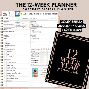 Op de afbeelding: Een zwarte en roze digitale planner met de tekst "12 Week Year Planner" in roze lettertype. De planner heeft een gouden spiraalbinding en een zwart-wit rasterpatroon. De planner bevat een gewoontetracker, een wekelijkse planning en een checklist.