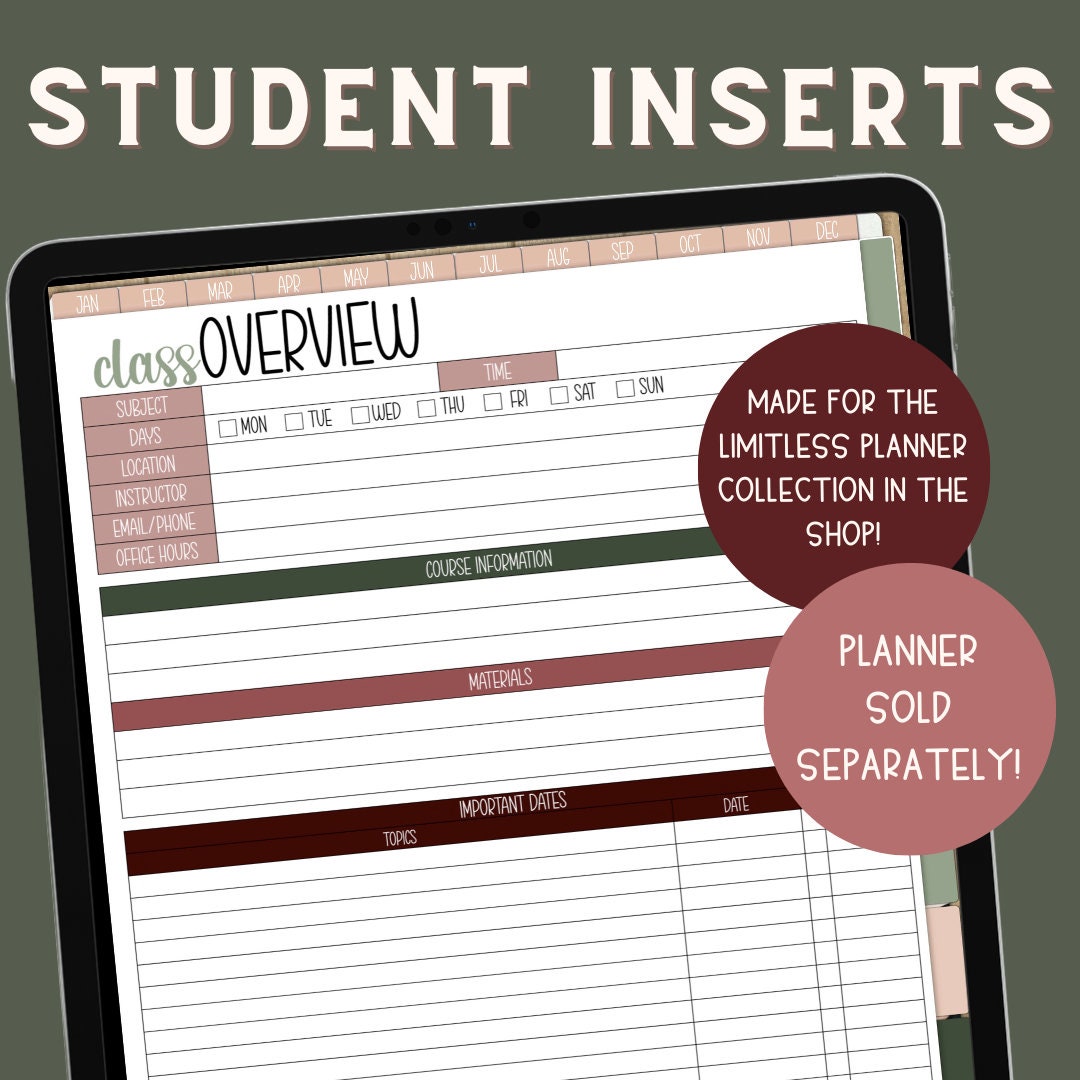 Academic Inserts for Digital Planner, Student Inserts, University ...