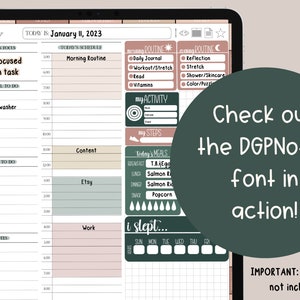 K&ouml;nnte beinhalten: Ein digitaler Planer auf einem Tablet-Bildschirm mit einem Tagesplan, einer To-Do-Liste und einem Habit-Tracker. Der Planer ist mit Aufklebern verziert und hat ein gr&uuml;n-rosa Farbschema. Der Text "Check out the DGPNotes font in action!" wird auf einem gr&uuml;nen Kreis angezeigt.