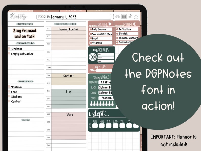 K&ouml;nnte beinhalten: Ein digitaler Planer auf einem Tablet-Bildschirm mit einem Tagesplan, einer To-Do-Liste und einem Habit-Tracker. Der Planer ist mit Aufklebern verziert und hat ein gr&uuml;n-rosa Farbschema. Der Text "Check out the DGPNotes font in action!" wird auf einem gr&uuml;nen Kreis angezeigt.