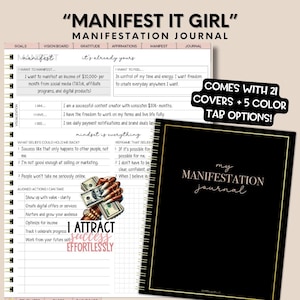 May include: A black and gold journal with the text "Manifest It Girl" and "Manifestation Journal" on the cover. The journal has a spiral binding and comes with 21 covers and 5 color tab options.
