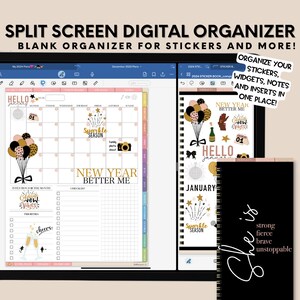 May include: A digital planner app on a tablet screen with a split screen view. The left side shows a December 2023 calendar with a New Year theme. The right side shows a sticker book with various stickers, including a New Year theme. The text "Organize your stickers, widgets, notes and inserts in one place!" is displayed on the right side of the screen.