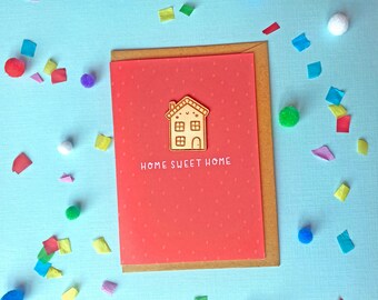 Adorable New home card with birchwood ply Tip on - A6 in size - cute house character greetings card