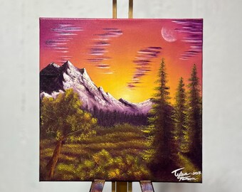 Sunset Oil Painting With Moon 12X12