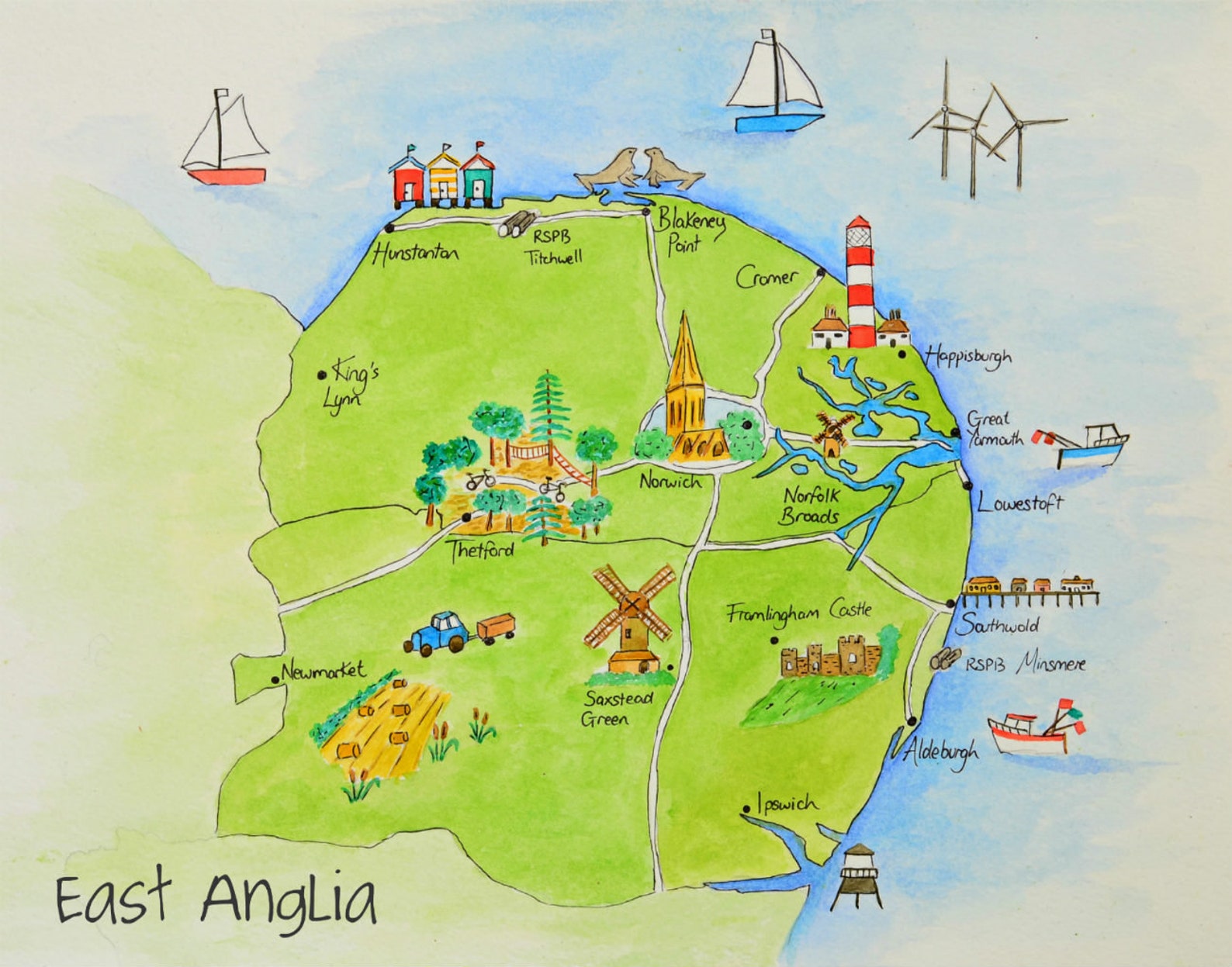 Illustrated Watercolour Map Norfolk and Suffolk Digital Etsy