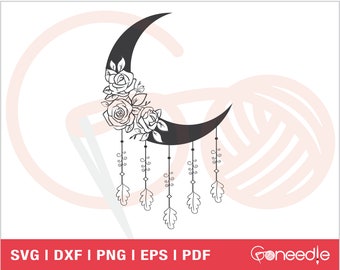 Moon Flowers With Feathers SVG Cut File | Moon Floral Dreamcatcher SVG | Crescent Moon | Commercial Use | Instant Download | Sublimation