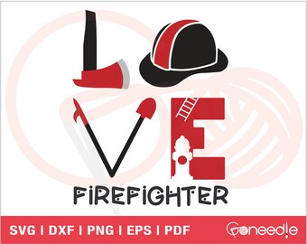 May include: Red and black firefighter themed design with the word "LOVE" formed by a firefighter's axe, a shovel, a ladder, and a fire hydrant. The word "FIREFIGHTER" is written below the design.