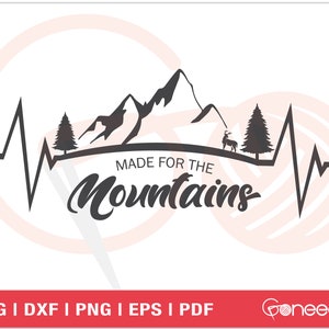 Könnte beinhalten: Schwarzweißes Silhouettendesign einer Bergkette mit einem Reh, zwei Kiefern und einer Herzschlaglinie. Der Text "Made for the Mountains" ist in einer stilisierten Schrift unterhalb der Bergkette geschrieben.