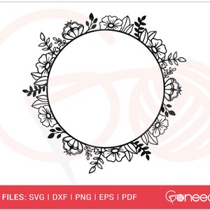 May include: A black and white floral wreath with a circular frame in the center. The wreath is made up of leaves and flowers.