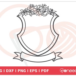Puede incluir: Un contorno en blanco y negro de un escudo con una corona de flores en la parte superior y una pancarta en la parte inferior. El escudo está en blanco y listo para ser personalizado.