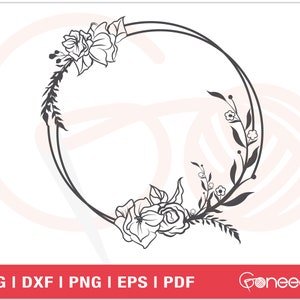 Flower Frame SVG, Round Floral Frame Cut File, Flower Monogram Frame, Floral Wedding Template, Wedding Sign Iron On, Vector, Sublimation