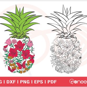 Pode incluir: Um desenho a preto e branco de um abacaxi com flores e borboletas dentro. O abacaxi também é mostrado a cores com flores e borboletas vermelhas, cor-de-rosa, amarelas, verdes e laranja.