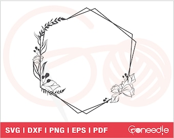May include: A black and white geometric frame with floral accents. The frame is a hexagon shape with a simple line design. The floral accents are on the left and right sides of the frame.