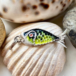 Funky fish. Vintage enamel charm. Green enamel charm. Vintage fish charm. Enamel fish pendant. Unusual fish pendant. Rare enamel charm