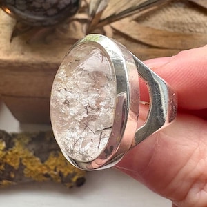 Mystical lodolite quartz ring. Silver and garden quartz ring. Domed quartz ring. Quartz healing. Crystal witch. White garden quartz