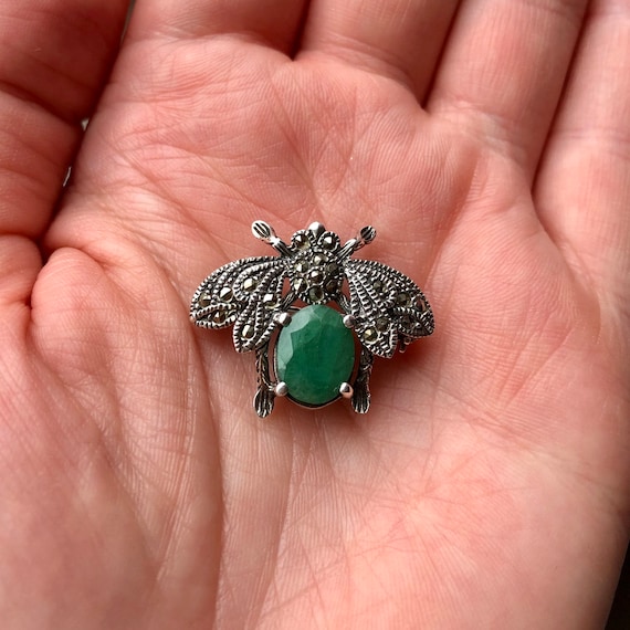 Broche Ancienne Scarabée En Argent Massif Avec Marcassites