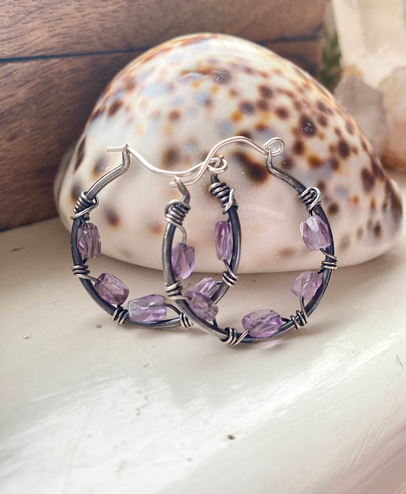 Amethyst and Labradorite Earrings Long Dangle Sterling Silver Freeform Shapes Amethyst and Labradorite Earrings Long Dangle Sterling Silver Freeform Shapes