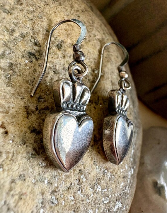 Solid weight Claddagh style earrings. Silver hear… - image 2
