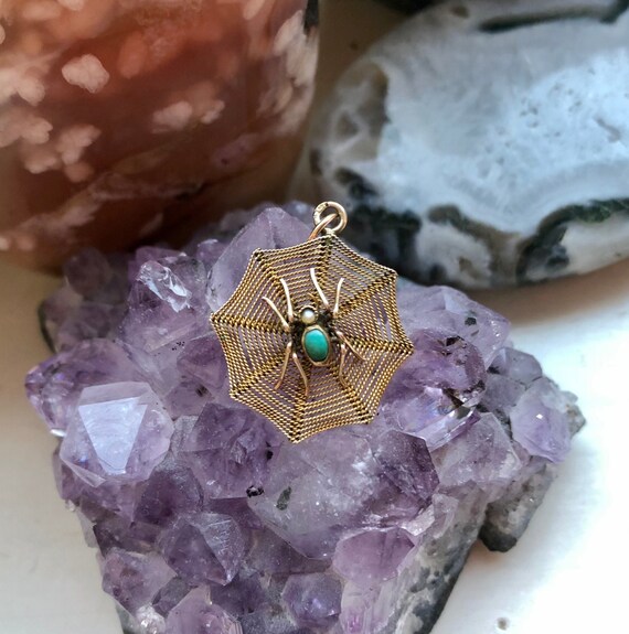Antique spider in web. Edwardian gold spider with