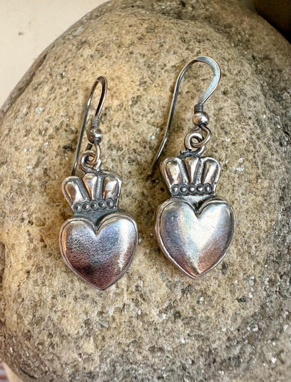 Solid weight Claddagh style earrings. Silver hear… - image 1