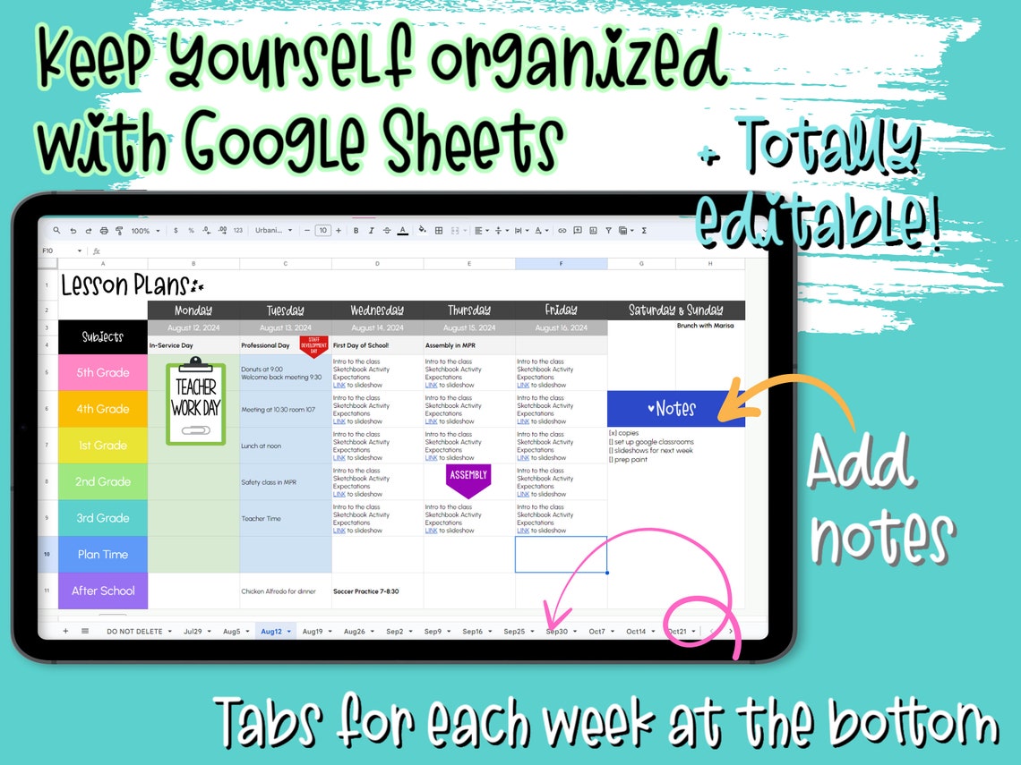 2024-2025 Google Sheets Lesson Planner & Calendar August-july Rainbow ...