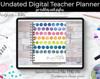 May include: A digital teacher planner for tablets with a stylus. The cover features a watercolour design of colourful circles on a white background. The text "my teacher PLANNER" is printed on the cover. The planner is undated and covers August to July.