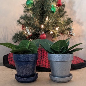 May include: Two small potted plants with green leaves sit in front of a decorated Christmas tree. The pots are dark blue and silver, with matching saucers. The tree is adorned with colorful ornaments and lights.