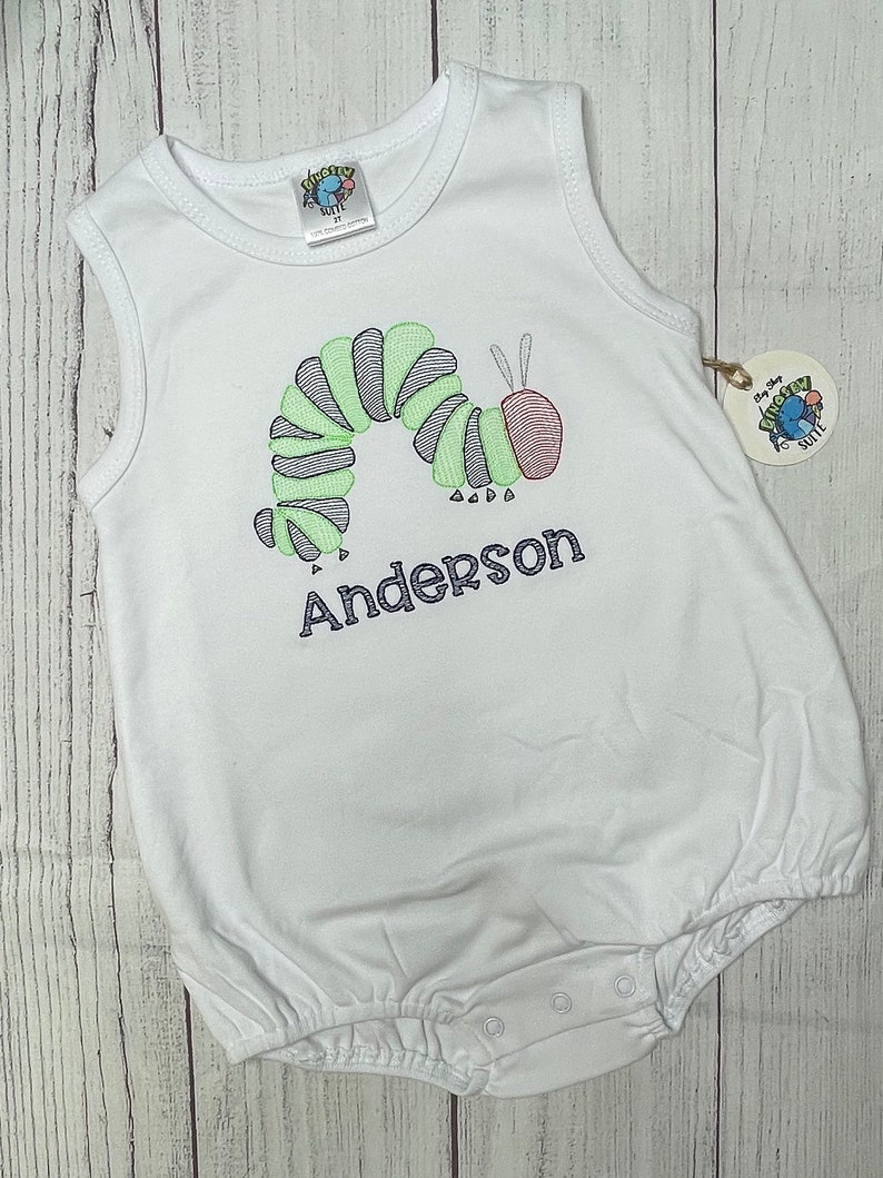 Embroidered Caterpillar shirt,Custom caterpillar romper,Personalized Bug bubble,Very hungry bodysuit,boy outfit,toddler,Bug themed shirt image 6