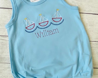 Embroidered sailboat bubble,Sailboat  shirt, toddler boy boat romper, Boat trio bodysuit,toddler bubble, baby sailing outfit