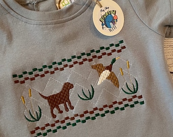 Embroidered Hunting Romper, Faux Smocked Duck & Lab, Baby Boy Outfit