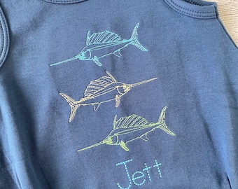 Embroidered Swordfish shirt,Custom Ocean Fish bubble,Personalized summer romper, Swordfish trio bodysuit,Toddler boy outfit,boy fish outfit