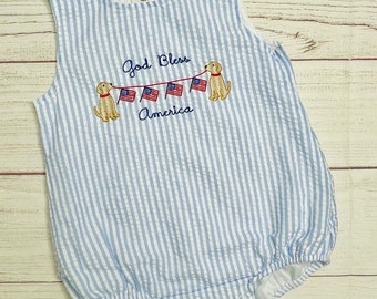 Embroidered Patriotic puppy seersucker bubble, God Bless America seersucker bubble romper,baby boy USA outfit, Toddler 4th of July outfit