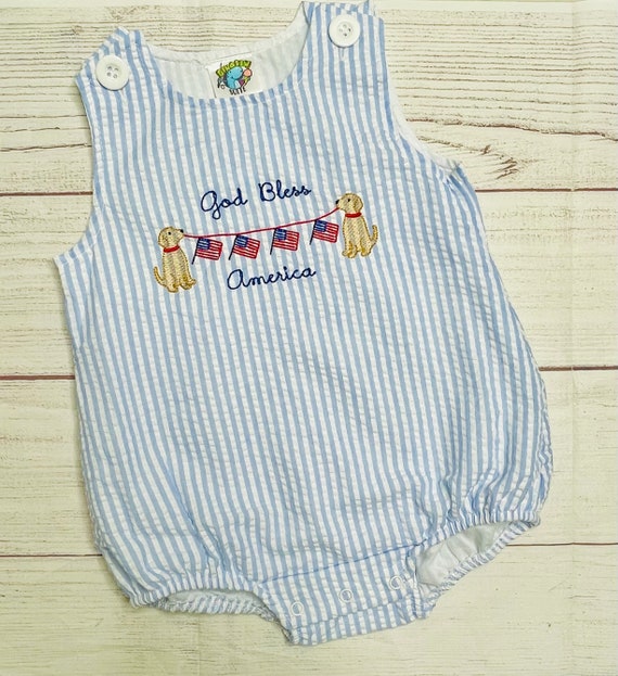 Embroidered Patriotic puppy seersucker bubble, God Bless America seersucker bubble romper,baby boy USA outfit, Toddler 4th of July outfit
