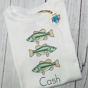 Embroidered Bass shirt,Custom Largemouth bass bubble,Personalized fishing romper,Lake fish trio bodysuit,Toddler outfit,Boy River shirt