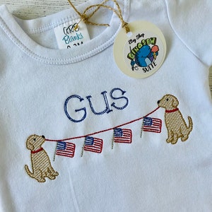 Embroidered patriotic puppy shirt,4th of July bubble,God bless America romper,Patriotic bodysuit,baby boy dog outfit,Dog holding flags shirt
