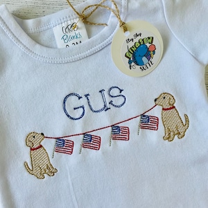 Embroidered patriotic puppy shirt,4th of July bubble,God bless America romper,Patriotic bodysuit,baby boy dog outfit,Dog holding flags shirt