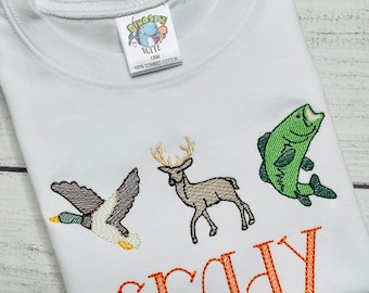 Embroidered hunting romper,duck,deer& fish shirt,Bass shirt,baby boy hunter anglers outfit,Duck hunt bubble,personalized outdoorsman,toddler
