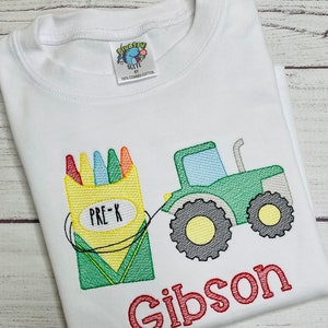 Embroidered Back to school tractor shirt,Custom B2S crayon themed romper,Personalized Crayon tractor,Crayon tractor romper