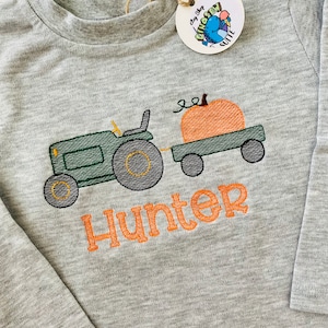 Embroidered pumpkin in tractor romper,Custom Pumpkin themed bubble,Personalized Fall tractor shirt,toddler,baby fall outfit,Pumpkin tractor