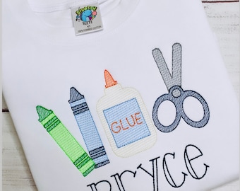 Back to School Embroidered Shirt | Personalized School Shirt | Crayon Scissors Glue Shirt | First Day of School Outfit | Toddler Boy