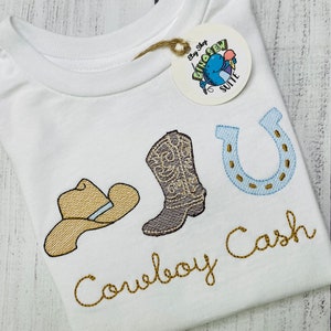 Embroidered cowboy shirt,Custom horse themed bubble,Personalized cowboy boot, hat & horse shoe romper,toddler,baby outfit,cowboy trio outfit