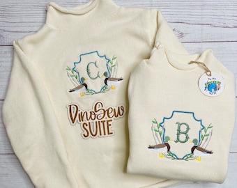 Embroidered mallard duck monogrammed frame rolled neck sweater,Embroidered initial sweater,toddler monogram ducks outfit,personalized baby