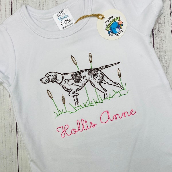 Embroidered pointer dog shirt,Custom Duck hunt romper,Personalized girls Hunting dog bubble,toddler hunting themed shirt,dog on point