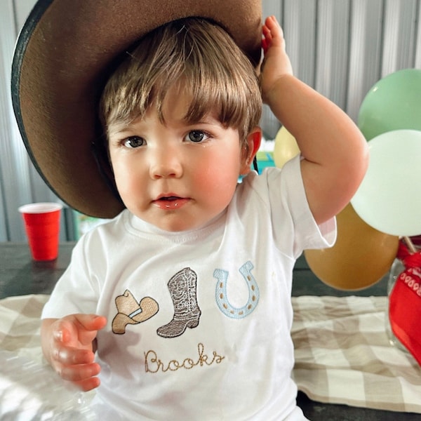 Embroidered cowboy shirt,Custom horse themed bubble,Personalized cowboy boot, hat & horse shoe romper,toddler,baby outfit,cowboy trio outfit