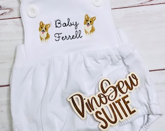 Embroidered Puppy sunsuit,Personalized dog bubble,baby boy Corgi outfit,boy girl puppy outfit,toddler,baby shower gift,custom baby outfit